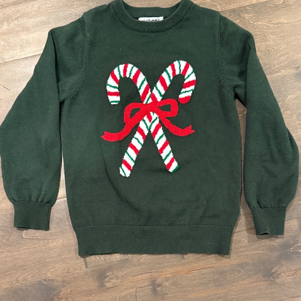 Festive Dark Green Crewneck Sweater with Candy Cane Design